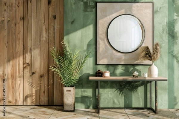 Fototapeta Interior of a hotel with a beauty table, chair, drawer, and mock-up poster