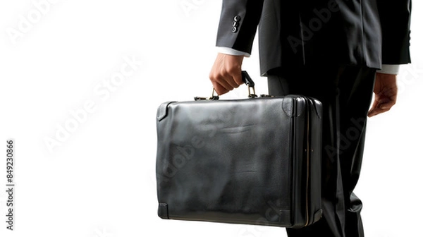 Fototapeta Business man holding a black leather briefcase isolated on a white background, copy space
