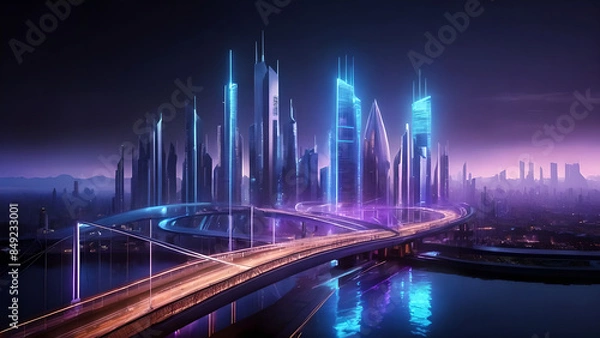 Fototapeta a view of a futuristic city landscape with skyscrapers that have sophisticated and innovative architectural designs.