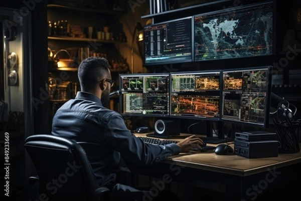 Obraz Forex negotiation agent sitting at the table with multimonitor workstation while v, generative IA