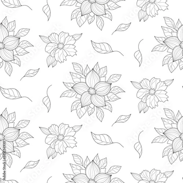 Fototapeta Floral pattern with flowers and leaves, seamless background with outline flowers.