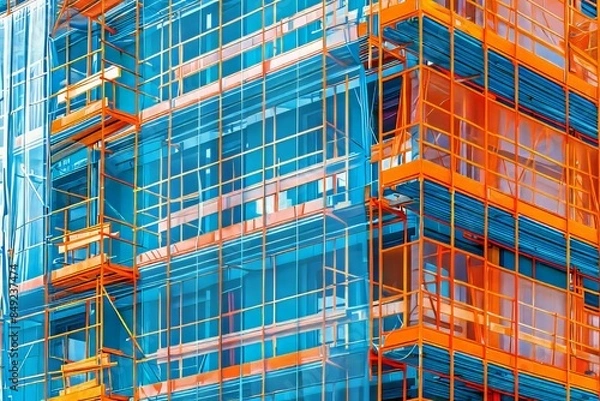 Fototapeta 3D rendering of construction scaffolding, detailed close-up of orange panels on an exterior wall, a blue metal and wood structure, a clear blue sky background and a concept of a building.