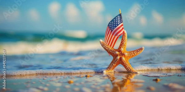 Fototapeta Starfish on beach with American flag