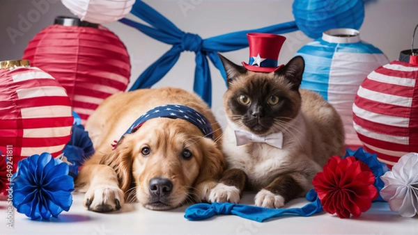 Fototapeta Patriotic pet celebration between a Siamese cat in a top hat and bow tie and a Golden Retriever. Studio decorated with paper lanterns and bows. Concept for 4th of July.