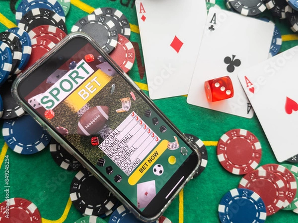 Fototapeta Smartphone with poker table on screen, playing cards and chip cards on poker table. Online casino.