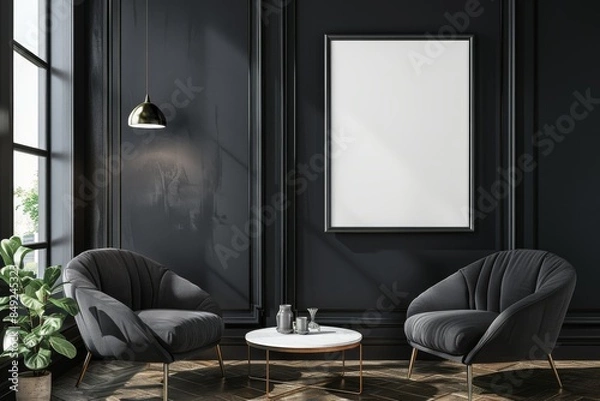 Fototapeta A mockup of two framed posters in a living room. Furniture is grey, the wall color is blue, and the floor is stone. Three armchairs are arranged in a line, implying relaxation.