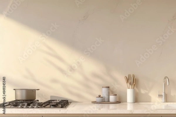 Fototapeta A modern kitchen interior with an oven, stove, and kitchenware on a counter