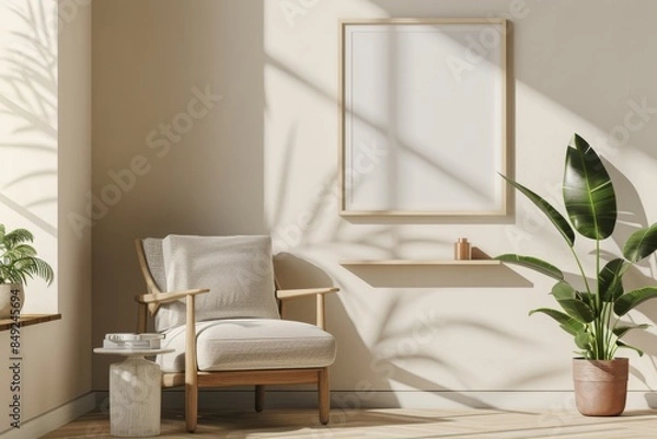 Fototapeta Interior of a beige hotel with a shelf with decoration and an armchair, mockup of a frame