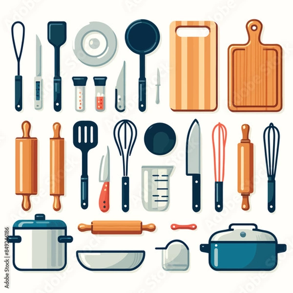 Fototapeta Collection of cooking utensils on a white background