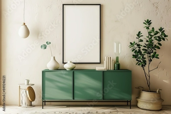 Fototapeta A mock-up of a modern living room interior with a drawer and art decoration