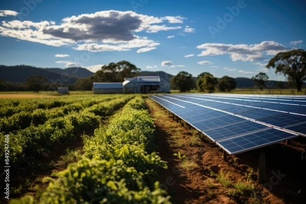 Obraz Solar panels feed rural houses under blue sky., generative IA