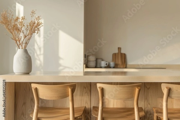 Fototapeta With shelves, a bar countertop, and kitchenware, the kitchen interior is beige
