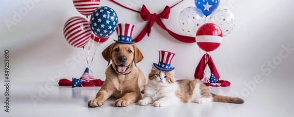 Fototapeta Patriotic Pet Celebration: Persian cat and labrador with top hats in US Independence Day themed studio. Concept for 4th of July. Wide sight.