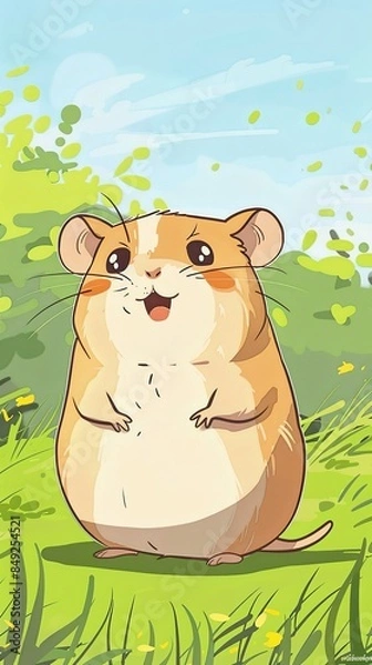 Fototapeta Cartoon style hamster with simple lines and green lawn