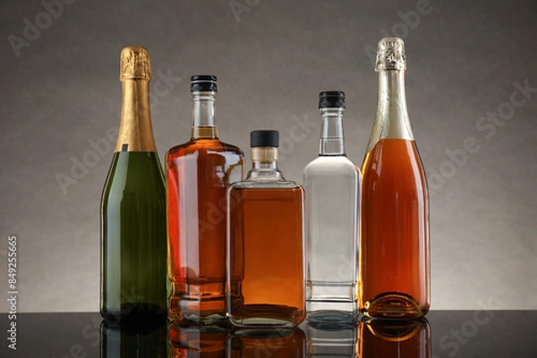 Fototapeta Bottles of different alcoholic drinks on table against gray background
