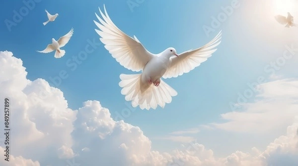 Fototapeta White doves are flying in the blue sky. Holy Spirit. Winged Dove flying in front of the cross against blue sky with clouds. Christian concept