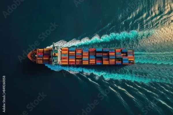 Fototapeta Aerial View of Cargo Ship Sailing Through Deep Blue Sea. Shipping Cargo, Business Logistics, and Transportation Industry, Drone View