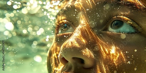 Fototapeta Close-up face with glowing particles underwater surreal scene
