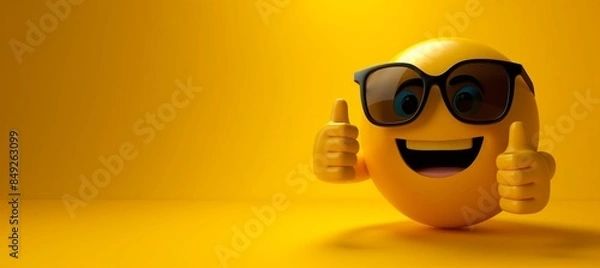 Obraz happy smiley face emoticon wearing sunglasses with thumbs-up gesture, copy space