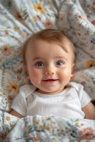 Fototapeta Happy smiling baby lying flat on a bed with flowery sheets in a bright room with natural light, wearing a white onesie