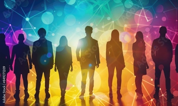Fototapeta Social network concept. Diverse silhouettes on a colorful backdrop