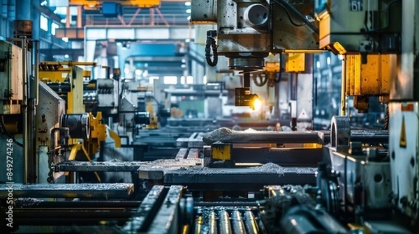 Fototapeta Heavy machinery processing metal in a factory, front view, showcasing industrial strength, advanced tone, vivid color scheme