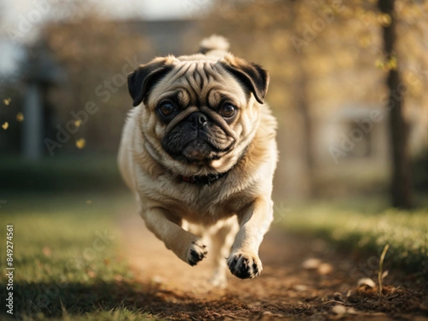 Fototapeta Close up of a pug dog running outside