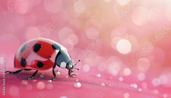 Fototapeta A cute Ladybug sitting on a solid pastel background with space above for text