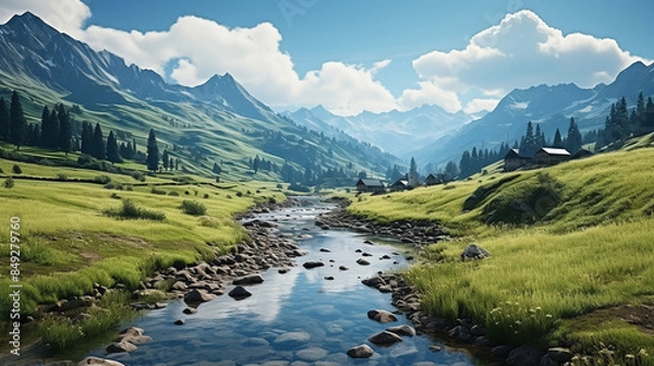 Fototapeta Scenic view of mountain and grass covered hills