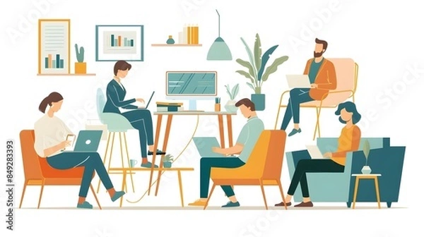 Fototapeta of Business Team Collaborating in Modern Office Environment with Laptops and Tablets