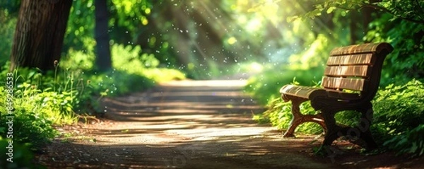 Fototapeta Wood bench in green clean park near path with nice sunlight, relax concept  banner. Generative Ai.