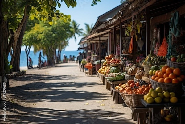Fototapeta Vibrant market in Grand Baie, full of color and culture., generative IA