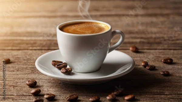 Fototapeta Cup of coffee with beans and cinnamon on table, fresh and aromatic morning drink