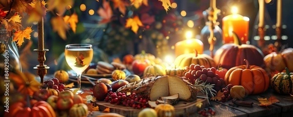 Fototapeta Hosting a harvest-themed game night, October 16th, board games and fall snacks, 4K hyperrealistic photo.