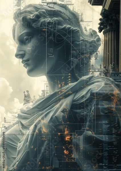 Fototapeta Futuristic Fusion of Technology and Classical Art Elements with Holographic and Data Stream Effects