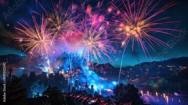 Fototapeta Capture the wonder of a fireworks show with a striking stock photo featuring a picturesque landscape illustration lit up by dazzling bursts of color, creating a scene of enchantment and delight. 