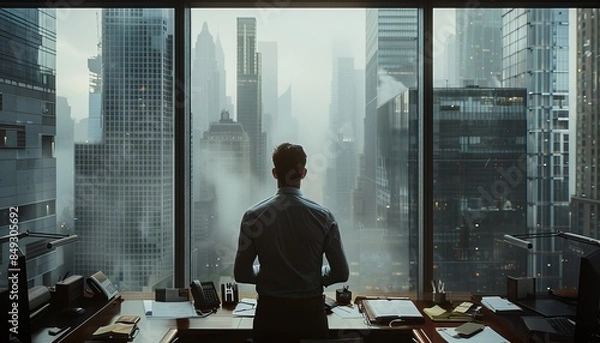 Fototapeta Businessman at window. Boss on office. Man in suit, corporate finance manager and skyscraper. Thoughtful businessperson thinking about work