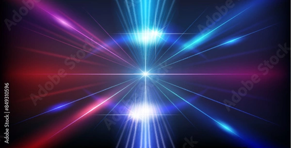 Fototapeta Abstract Colorful Geometry Red and Blue Neon Background with Bright Ray Halo in Retro Wave Style. Vector clip art for your night party design.