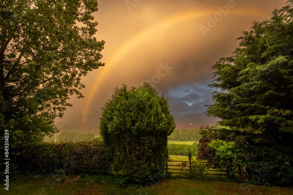 Obraz Beautiful Rainbow over a field in the British countryside. Evening view with a misty sky