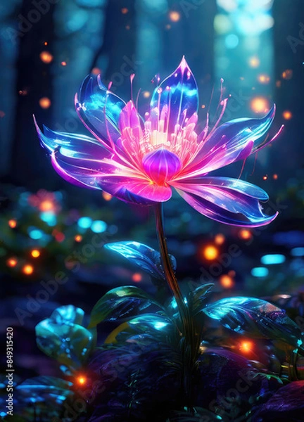Fototapeta Generative AI beautiful fantasy flower plant with glowing light, luminous and realistic flowers. Each petal emits a mesmerizing, enchanting flower atmosphere magical floral, Gorgeous mystical Floral	