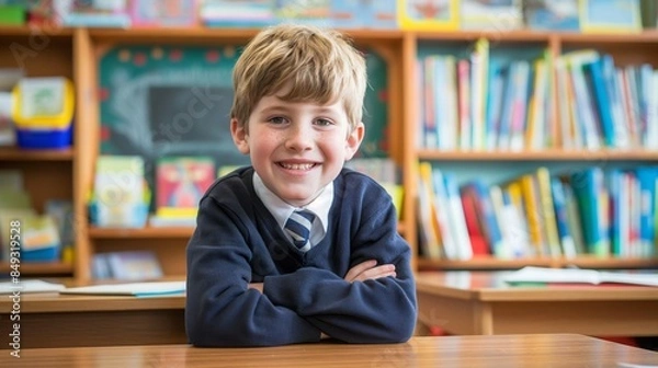 Fototapeta Smiling Young British Boy in School Uniform Posing in Classroom, Ideal for Educational and Academic Themes