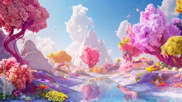 Fototapeta Mysterious land Fantasy areal view of abstract vibrant beautiful forest and trees landscape candy style