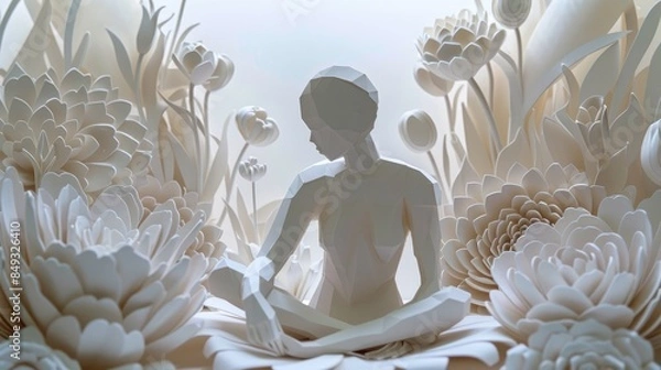 Fototapeta Artful paper cutout of a person surrounded by a finely crafted paper scene, demonstrating the beauty of paper crafting
