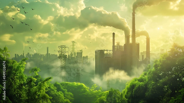 Fototapeta Factory releases polluted air cause pollution Climate change and global boiling concept