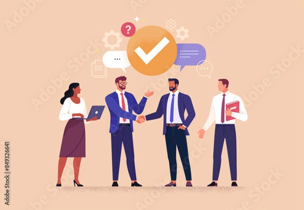Fototapeta Business Meeting Concept. Vector cartoon full-length illustration in a flat style of business people with two men in suits in the center shaking hands. Isolated on background.