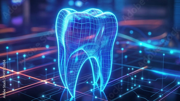 Fototapeta Tooth with  blue glowing wireframe mesh, dental technology background