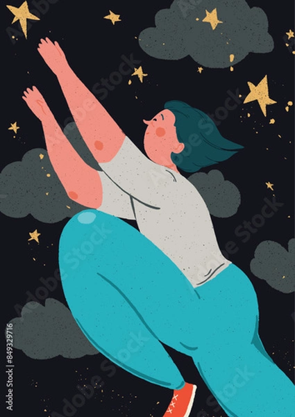 Fototapeta A man jumps and tries to reach the sky with stars. On the background is a starry sky with clouds and sparkling stars