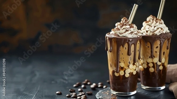 Fototapeta Two glasses of iced chocolate topped with whipped cream and chocolate syrup, set against a dark, rustic background. Indulgent dessert drink concept.