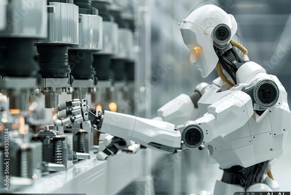 Obraz AI Robot Working in Factory, Advanced Technology in Artificial Intelligence, High Tech Digital Innovations, Futuristic Design, Modern Tech Elements, Detailed Setup, Indoor Setting.