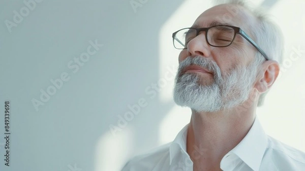 Obraz Senior Businessman Relaxing with Closed Eyes Taking a Deep Breath in Office